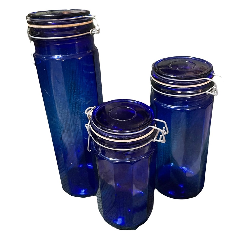 vtg Set 3 Tall Cobalt Blue Glass Food Storage Jar Containers Locking Bail Lids